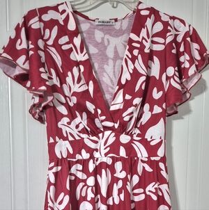 TORARY Womens Summer Dress Small Red Floral Cap Sleeve Wrap V Neck Ruffle A-Line